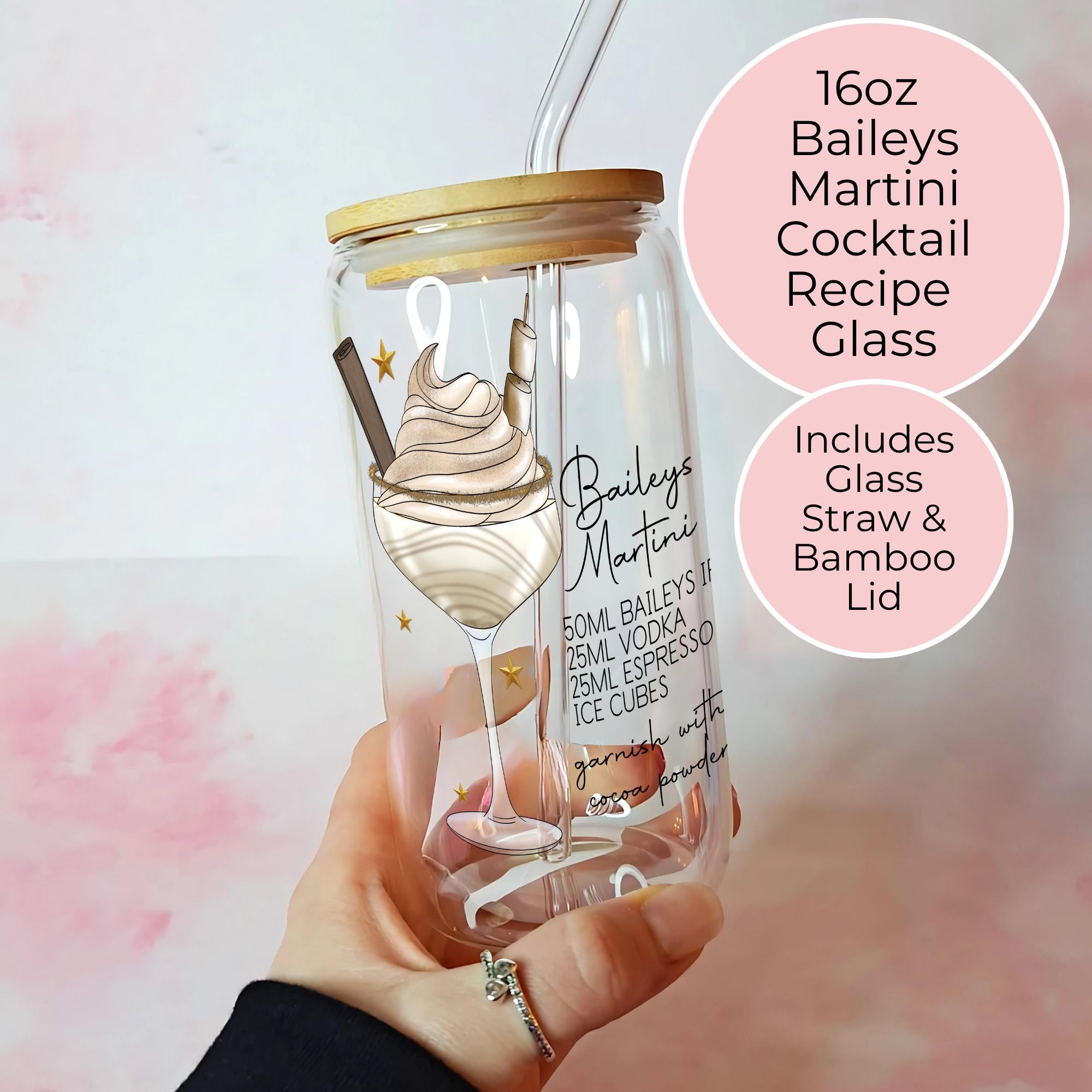16oz Baileys Martini Cocktail Recipe Glass – Clear Tumbler with Bamboo Lid #CL