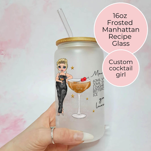 Manhattan 16oz Frosted Cocktail Recipe Glass With Custom Look A Like Character, Personalised Cocktail Libby Glass gift For Her Birthday #FL