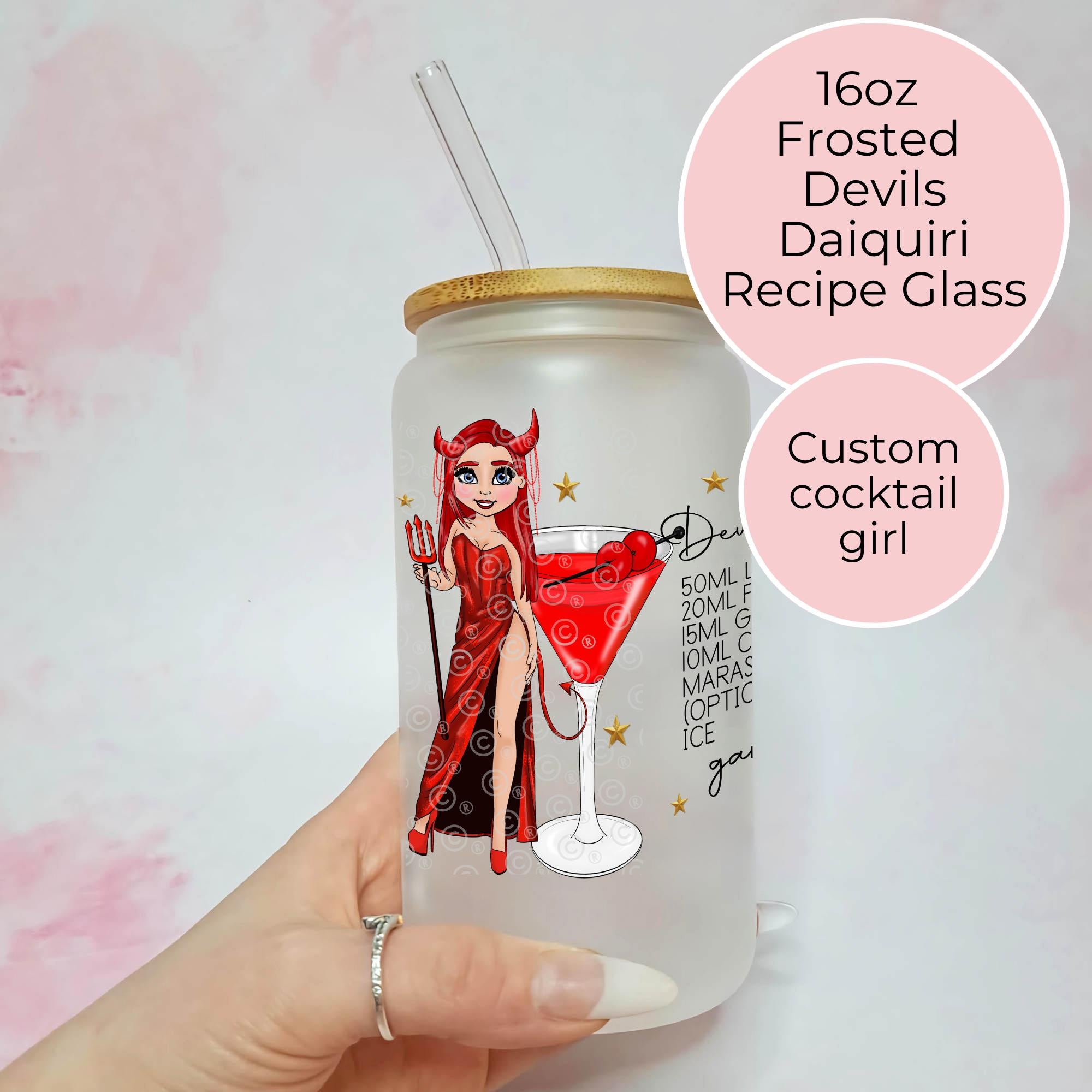 Devils Daiquiri Cocktail Girl 16oz Frosted Libby Glass – Personalised Recipe Glass #FL