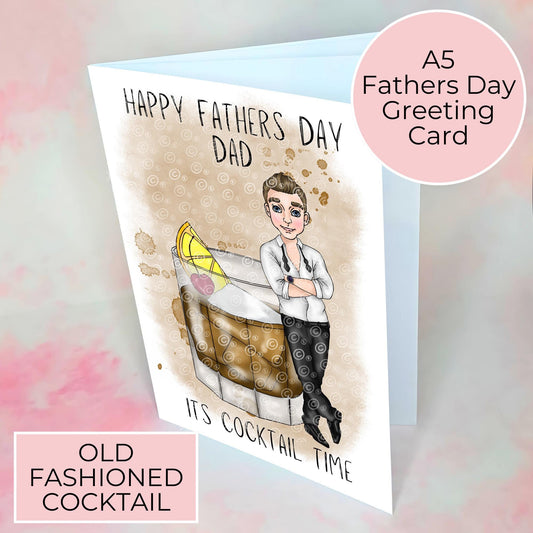 Old Fashioned Cocktail Theme A5 Personalised Father's Day Card for Dad or Grandad, Smart Black Tie Character Illustrated Gift for Him #G2