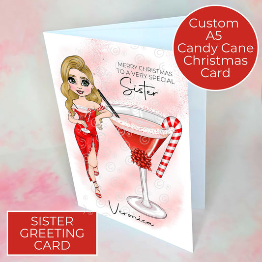 Personalised Special Sister Candy Cane Cocktail Christmas Card, A5 Cocktail Xmas Card from Brother or Sister, Festive Holiday Card #CC