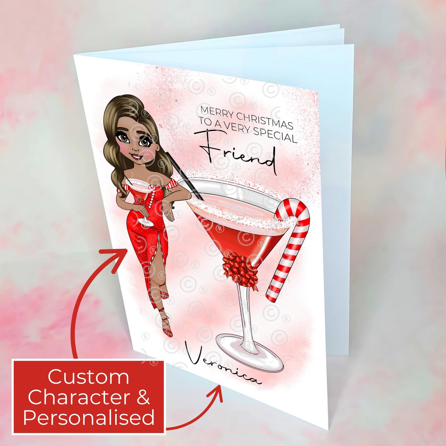Personalised Special Friend Candy Cane Cocktail Themed Card, Custom Character A5 Blank Inside Christmas Greeting Card For Best Friend #CC