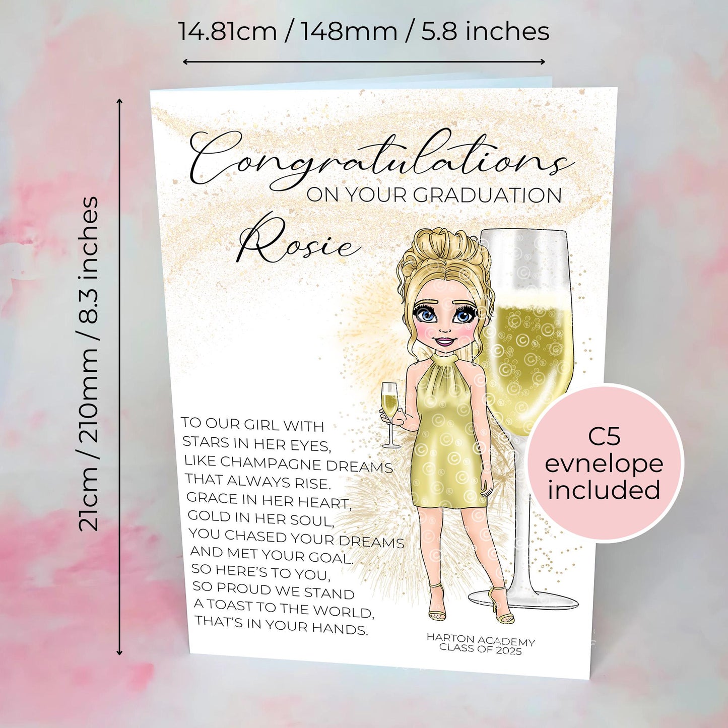 French 75 Champagne Graduation Class Of 2025 A5 Card, Daughter Niece Friend Special Poem Prosecco Graduation Card Keepsake Graduate Gift #G1
