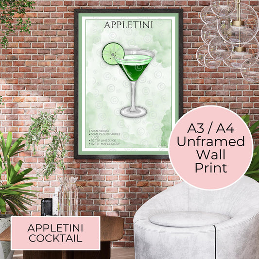 Appletini Cocktail Recipe Wall Art Print, A3 A4 Unframed Poster for Home Bar, Kitchen Cocktail Lounge Décor, Minimalistic Wall Art For Her #WA