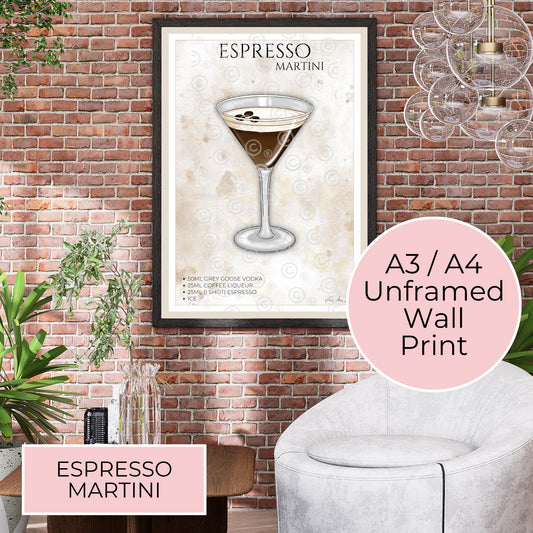 Espresso Martini A3 A4 Unframed Wall Art Poster, Classic Coffee Cocktail Bar Cart Kitchen Wall Decor, Housewarming Gift For Cocktail Lover #WA