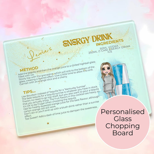 Energy Drink Personalised A3 A4 Cocktail Themed Glass Chopping Board, Girly Soda Cocktail Themed Housewarming Gift, Milestone Birthday Gift #GB