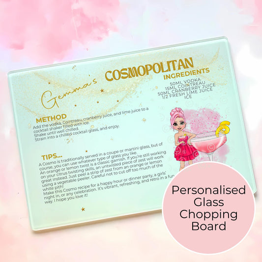 Cosmopolitan Personalised A3 A4 Cocktail Themed Glass Chopping Board, Summer Soiree Cocktail Themed Housewarming Gift, Milestone Birthday Gift #GB