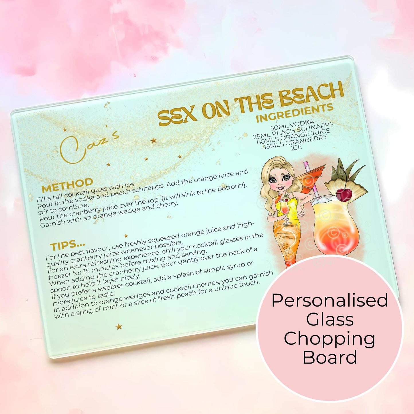Sex on the Beach Personalized A3 A4 Sized Glass Cutting Board, Tropical Cocktail Recipe Gift For 18th Birthday, Housewarming Summer Soiree Gift #GB