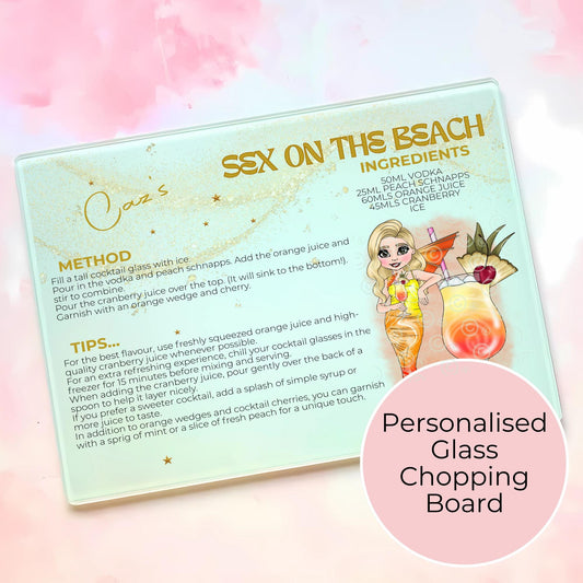 Sex on the Beach Personalized A3 A4 Sized Glass Cutting Board, Tropical Cocktail Recipe Gift For 18th Birthday, Housewarming Summer Soiree Gift #GB