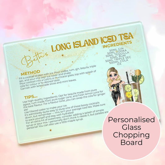 Long Island Iced Tea Personalized A3 A4-Sized Glass Chopping Board, Elegant Cocktail Recipe Gift for Sophisticated Cocktail Lovers, Luxurious Home Bars #GB