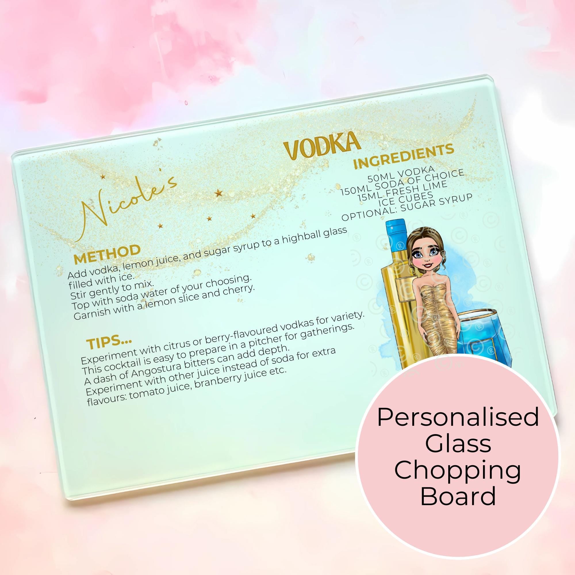 A personalised glass chopping board with a custom character, gold vodka bottle and blue vodka glass with a recipe, method and tips on how to make the cocktail.