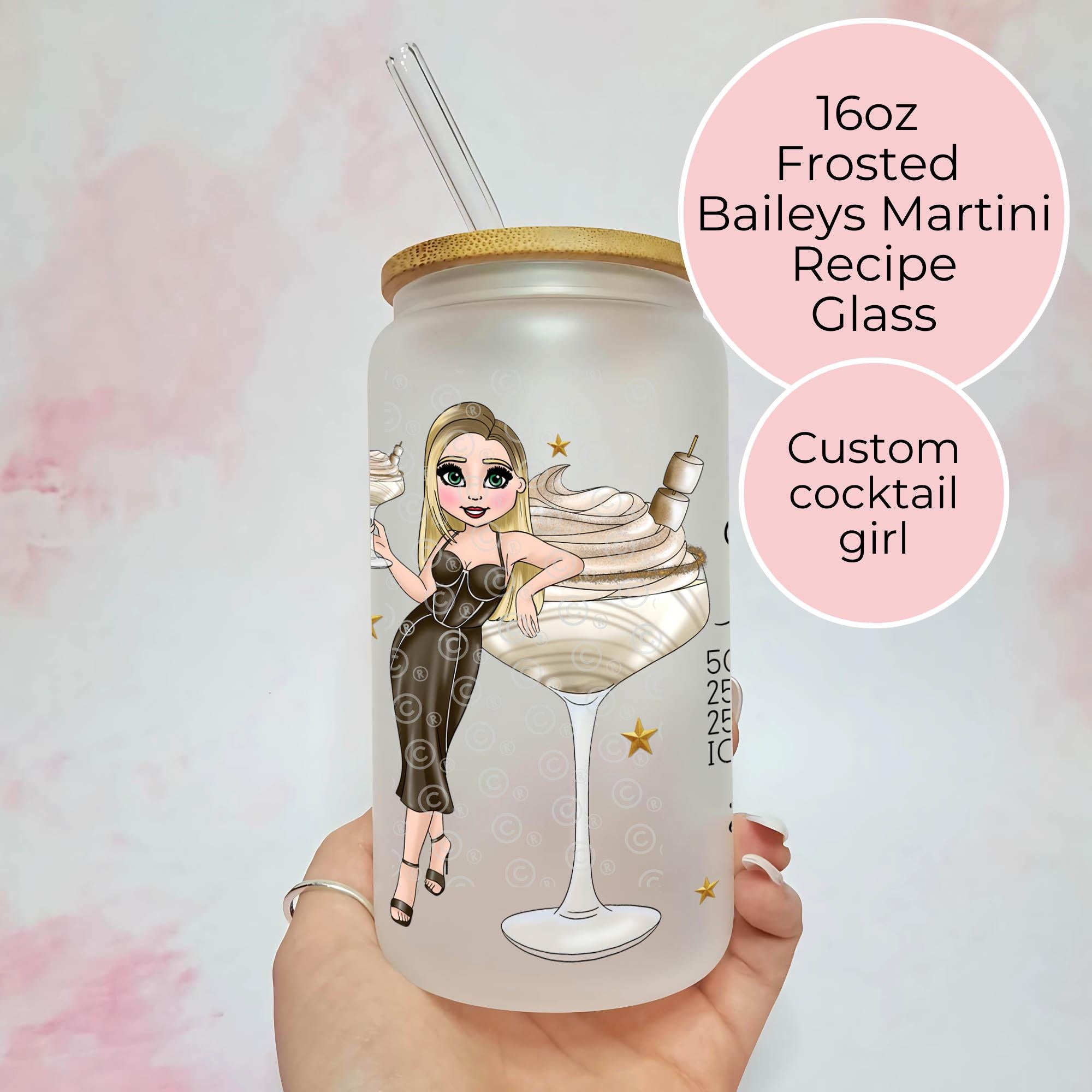 Baileys Martini Cocktail Girl 16oz Frosted Libby Glass – Personalised Recipe Glass #FL