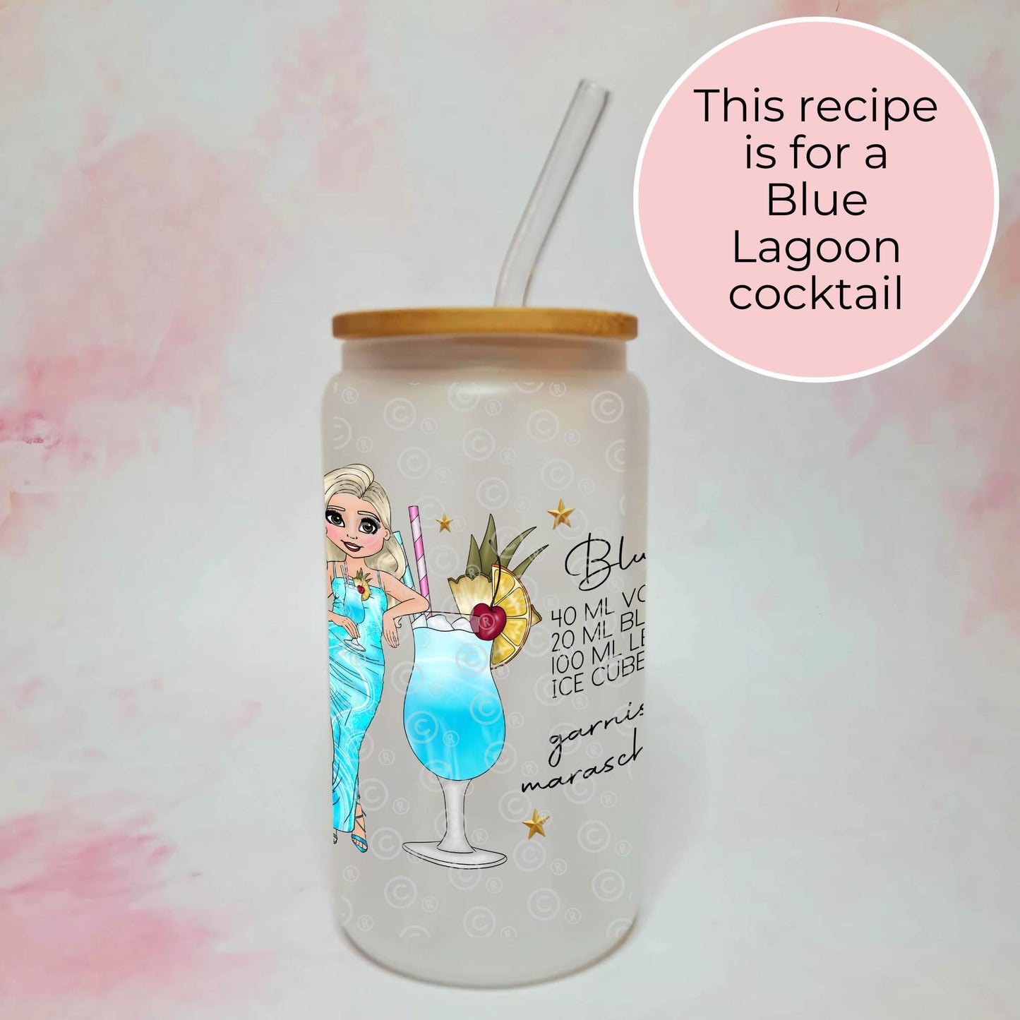 Blue Lagoon 16oz Custom Character Cocktail Recipe Glass, Frosted Glass With Cocktail Design, Girls Cocktail Party Themed Gift For Her #FL