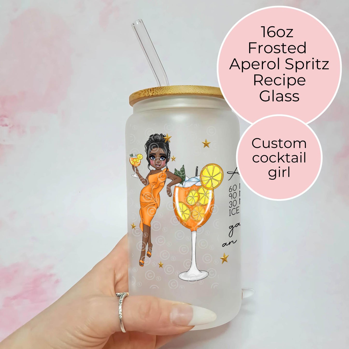 Aperol Sprits 16oz Frosted cocktail Themed Glass, Custom Character Cocktail Recipe On A Glass, Summer Soiree Birthday Party Gift For Her #FL