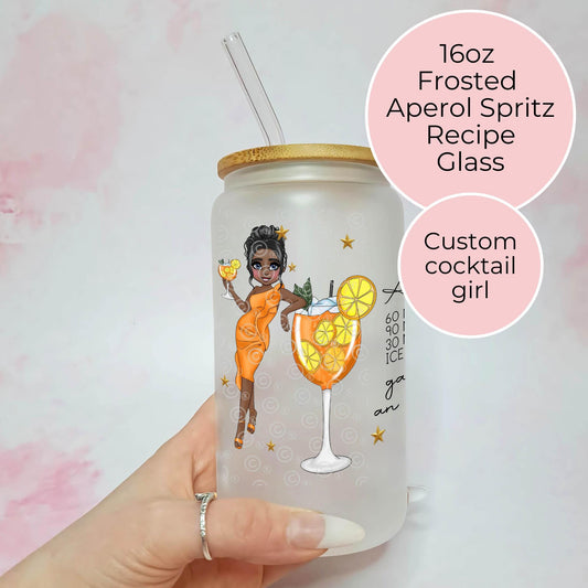 Aperol Sprits 16oz Frosted cocktail Themed Glass, Custom Character Cocktail Recipe On A Glass, Summer Soiree Birthday Party Gift For Her #FL