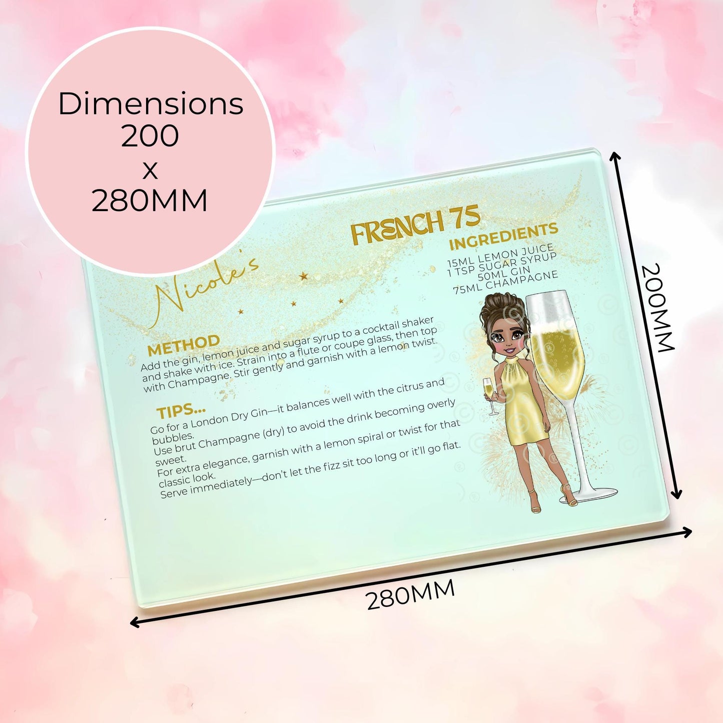 French 75 Custom Personalised A3 A4 Glass Chopping Board, Champagne Cocktail Recipe Method And Tips, Custom Cocktail Character Themed Cutting Board #GB