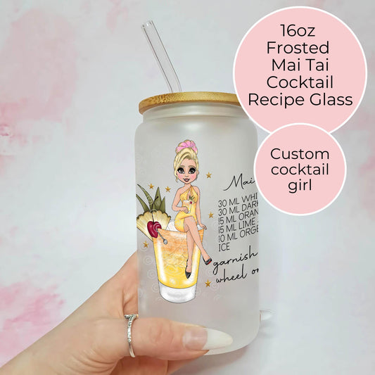 Mai Tai 16oz Frosted Glass Tumbler, Cocktail Recipe On A Tumbler, Birthday Gift For Cocktail Party, Tropical Cocktail Themed Event Glassware #FL