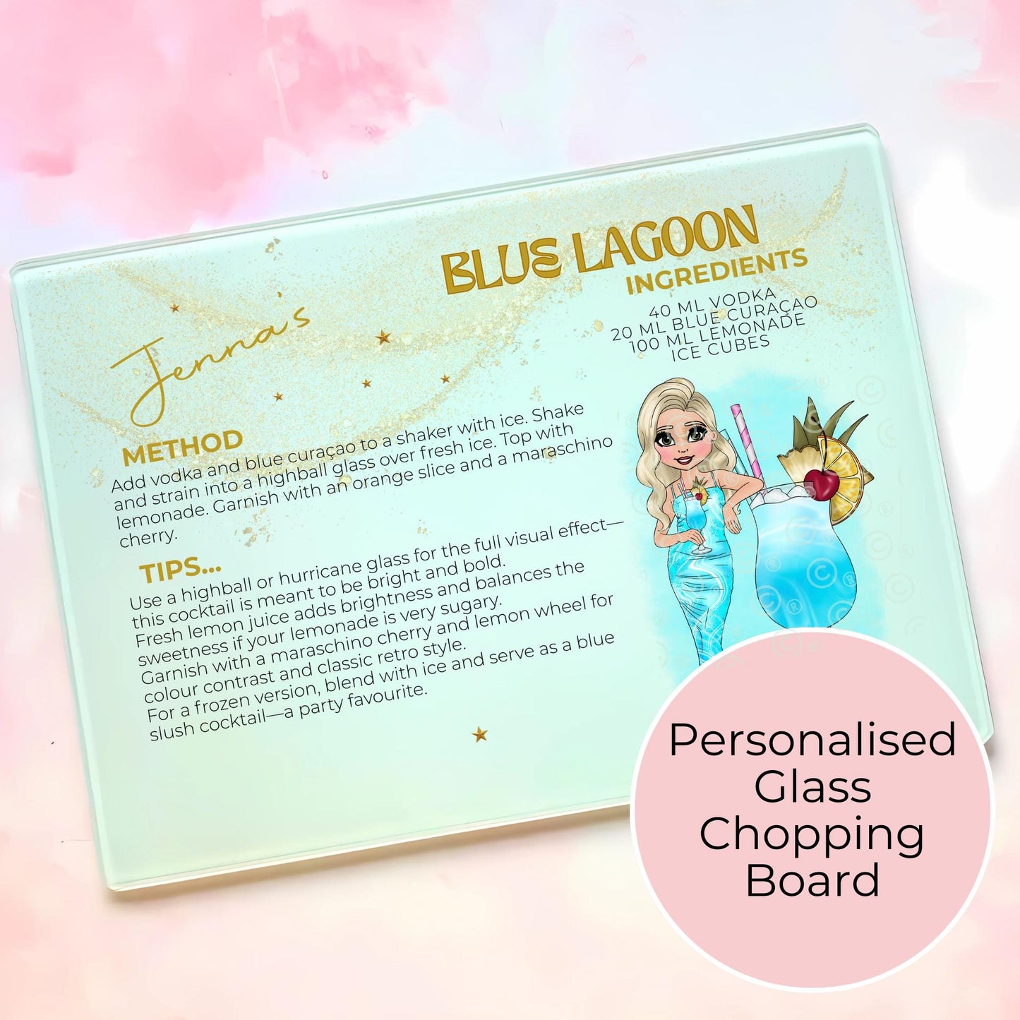Blue Lagoon Personalised A3 A4 Cocktail Themed Glass Chopping Board, Girly Soda Cocktail Themed Housewarming Gift, Milestone Birthday Gift #GB