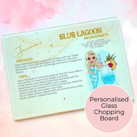 Blue Lagoon Personalised A3 A4 Cocktail Themed Glass Chopping Board, Girly Soda Cocktail Themed Housewarming Gift, Milestone Birthday Gift #GB
