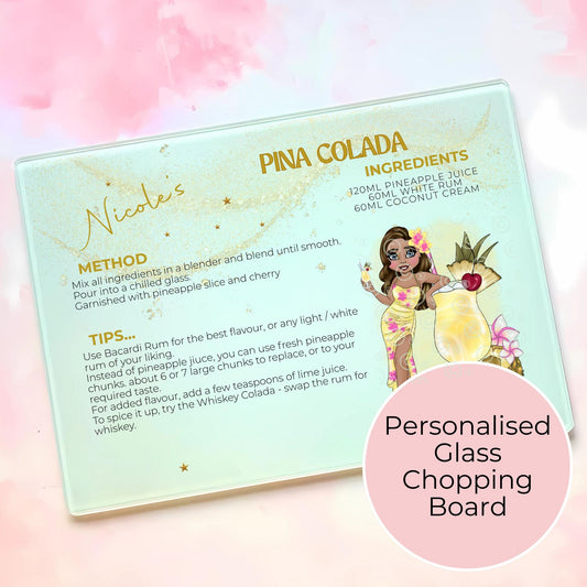 Pina Colada A3 A4 Personalised Cocktail Theme Glass Chopping Board, Shatter Proof Space Saver Cutting Board, Bespoke Housewarming Birthday Gift #GB