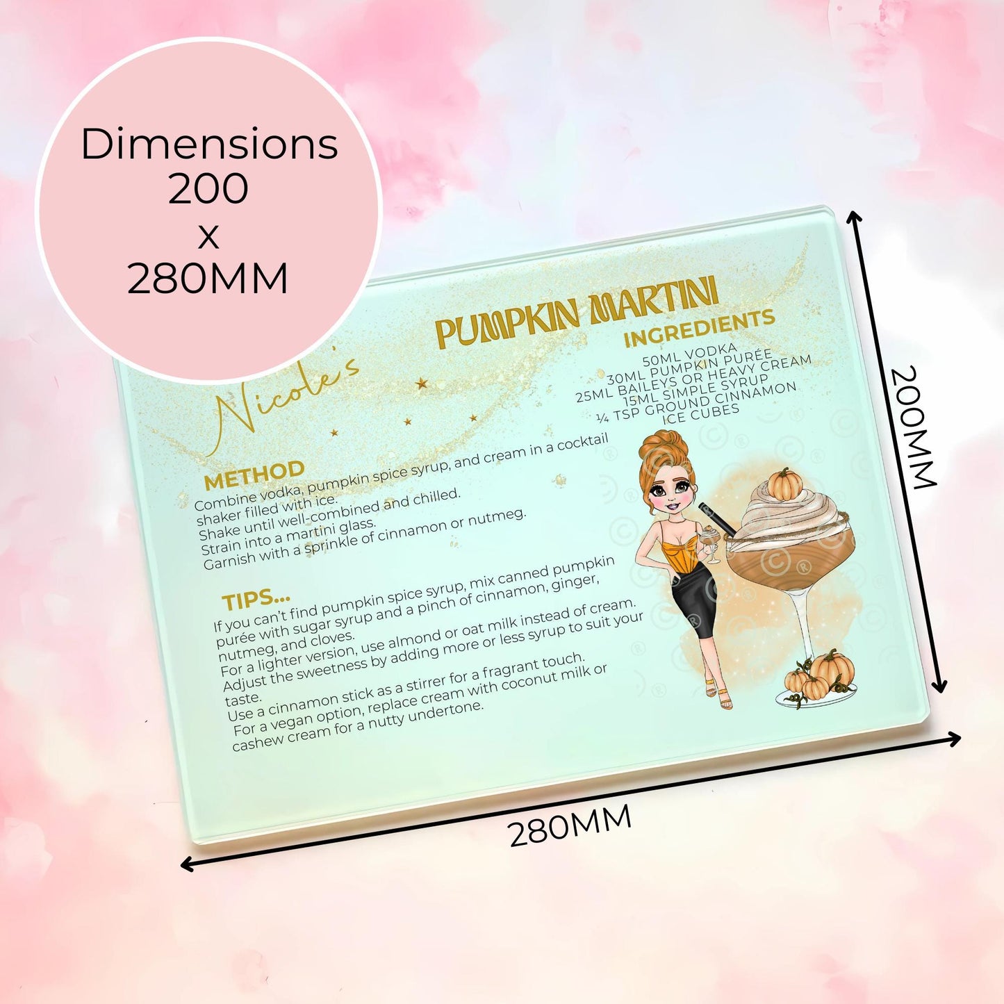 Pumpkin Martini Personalised Character A3 A4 Cocktail Theme Glass Chopping Board, Halloween Party Fruit Cutting Board Gift For Home Décor Kitchen Bar #HG #GB