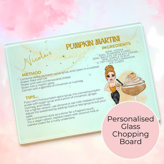 Pumpkin Martini Personalised Character A3 A4 Cocktail Theme Glass Chopping Board, Halloween Party Fruit Cutting Board Gift For Home Décor Kitchen Bar #HG #GB