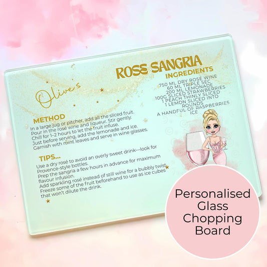 Rose Sangria Custom Cocktail Girl Glass Chopping Board A3 A4, Personalised Recipe Board, Tempered Glass Cocktail Bar Gift For Her #GB