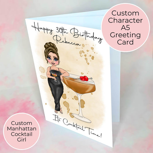 Manhattan Cocktail Birthday Card For Bestie, Boozy Cocktail Theme A5 Card with Custom Character, Hammered Cardstock With Blank Insert #G1