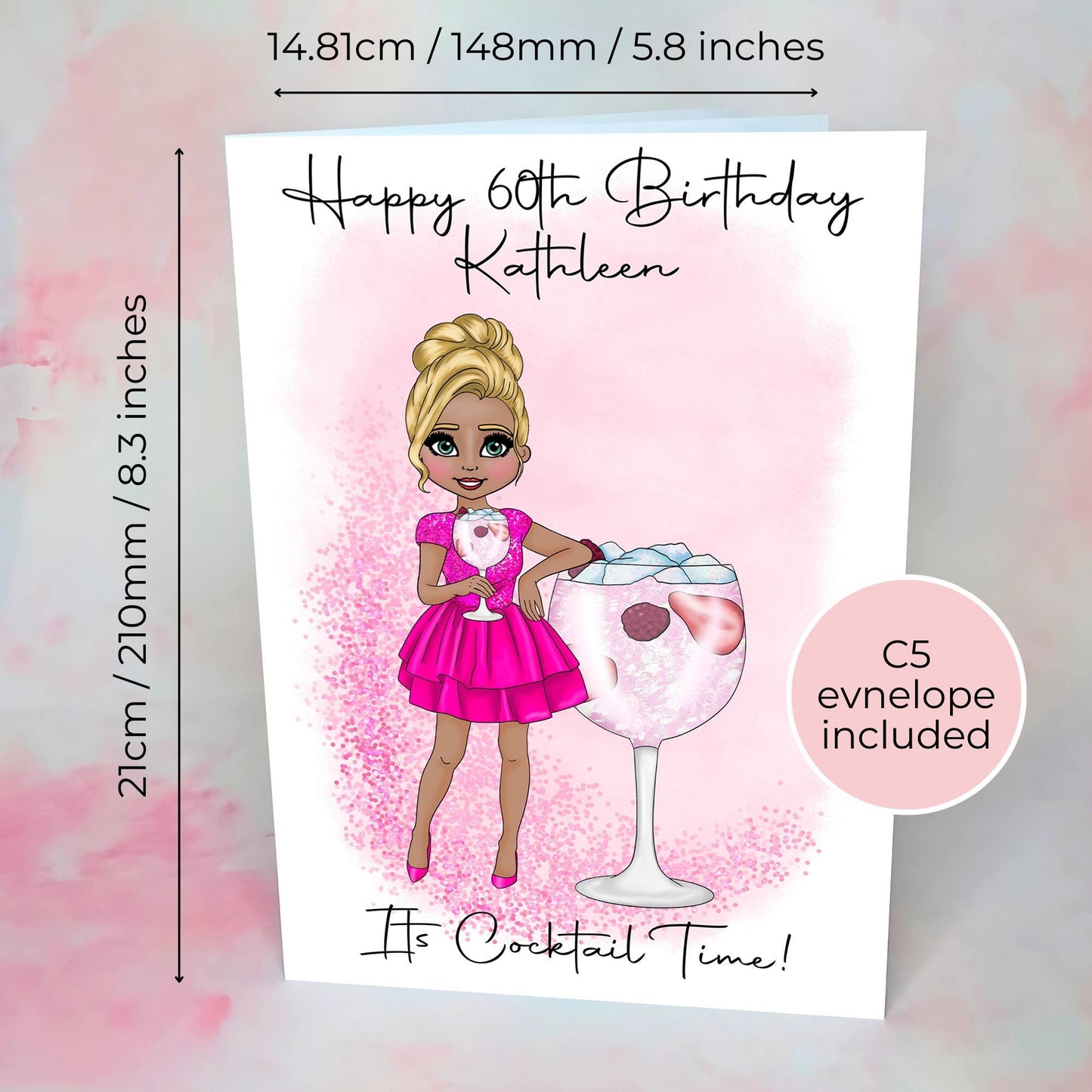 Pink Gin 75 A5 Personalised Cocktail Themed Birthday Card, Its Cocktail Time Bestie Milestone Birthday Greeting Card, Relation And Age Birthday #G1