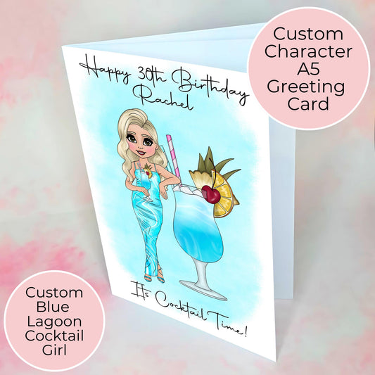 Blue Lagoon Cocktail Birthday Card A5, Custom Hammered Card for Her Milestone Birthday Card Woman, Cocktail Party Greeting Card #G1