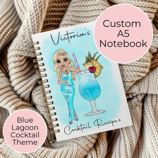Blue Lagoon Personalised Cocktail A5 Notebook, Custom Spiral Lined Journal for Her, Fun Cocktail Gift Idea, Tropical Stationery Gift For Her #NB