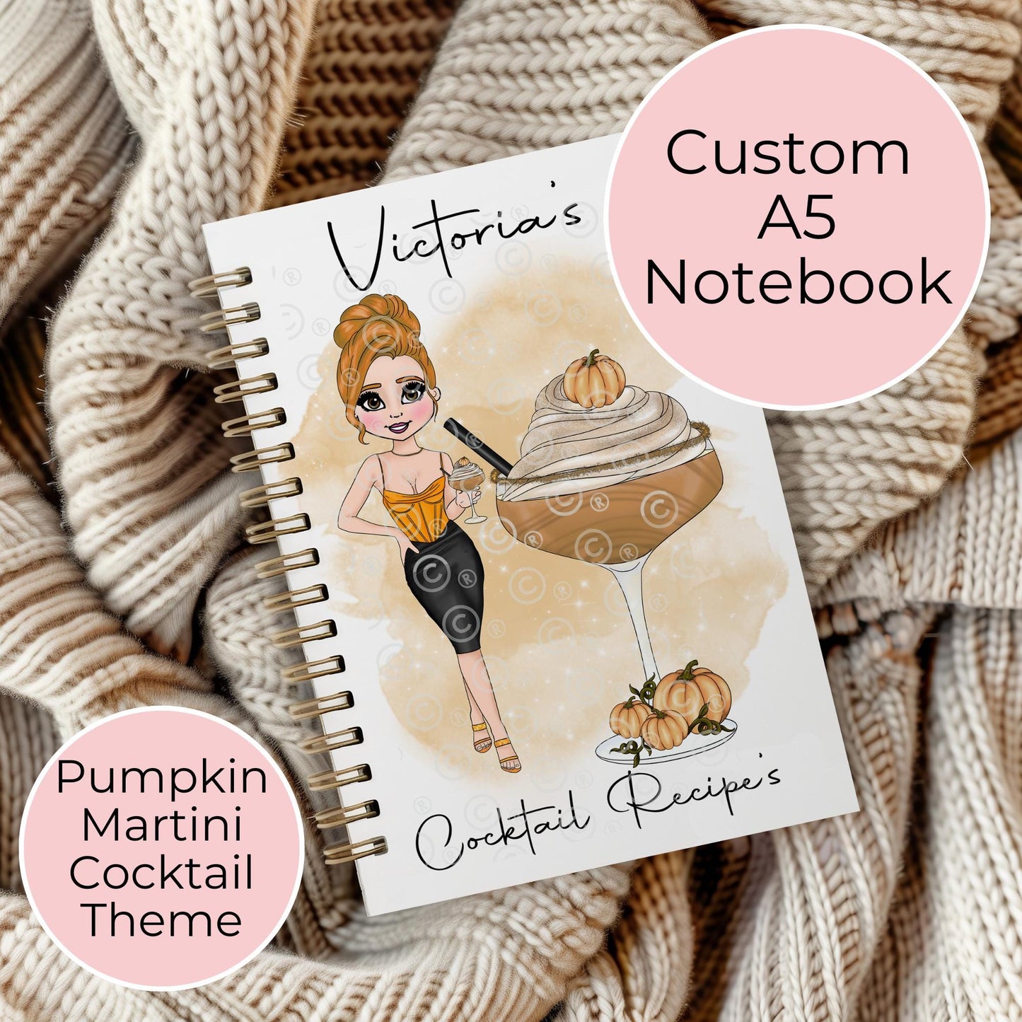 Pumpkin Martini Notebook For Her Birthday Christmas, Fall Birthday Gift For Mum sister, Cocktail Recipe Lined Notebook #HG #NB