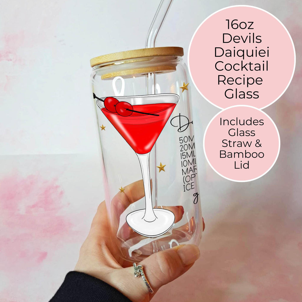 16oz Devils Daiquiri Cocktail Recipe Glass – Clear Tumbler with Bamboo Lid #CL
