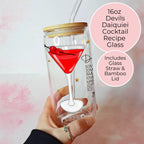 16oz Devils Daiquiri Cocktail Recipe Glass – Clear Tumbler with Bamboo Lid #CL