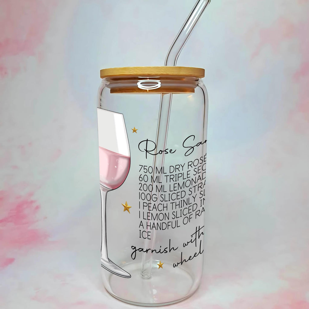 16oz Rose Sangria Cocktail Recipe Glass – Clear Tumbler with Bamboo Lid #CL