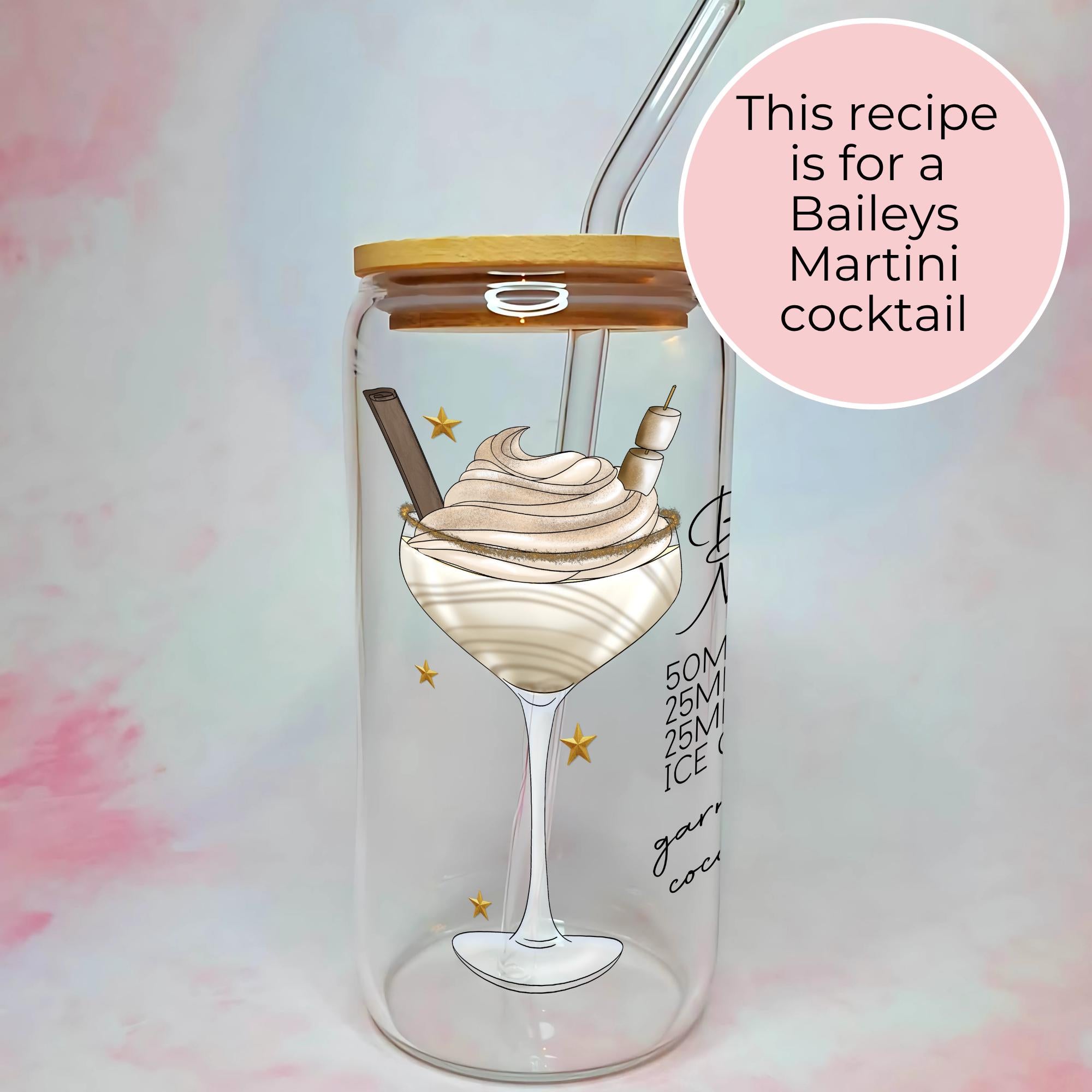16oz Baileys Martini Cocktail Recipe Glass – Clear Tumbler with Bamboo Lid #CL