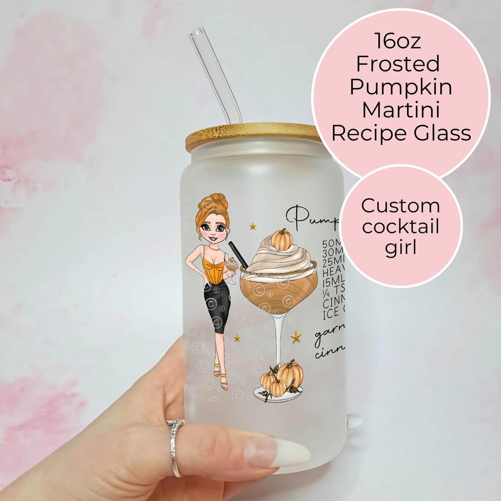 Pumpkin Martini Cocktail Girl 16oz Frosted Libby Glass – Personalised Recipe Glass #FL