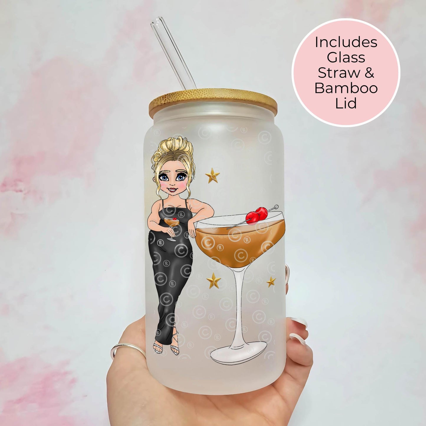 Manhattan 16oz Frosted Cocktail Recipe Glass With Custom Look A Like Character, Personalised Cocktail Libby Glass gift For Her Birthday #FL