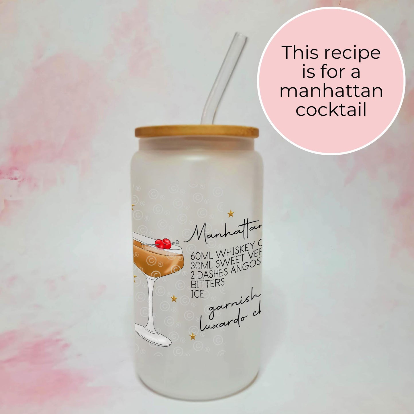 Manhattan 16oz Frosted Cocktail Recipe Glass With Custom Look A Like Character, Personalised Cocktail Libby Glass gift For Her Birthday #FL