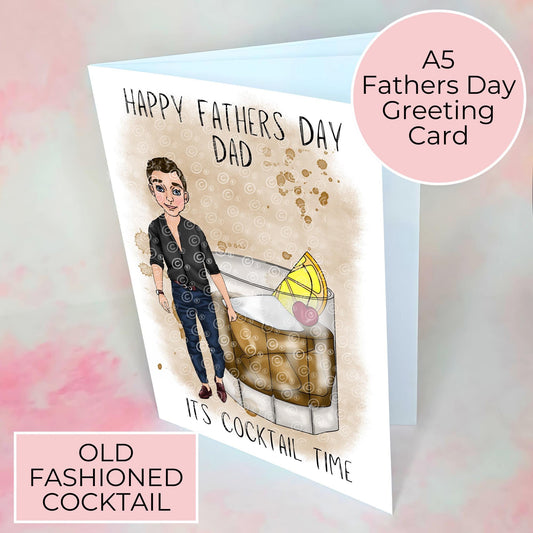 Old Fashioned Whiskey Fathers Day Card, Smart Casual Jeans and Shirt Character, Cocktail Glass Illustration, Card from Daughter #G2