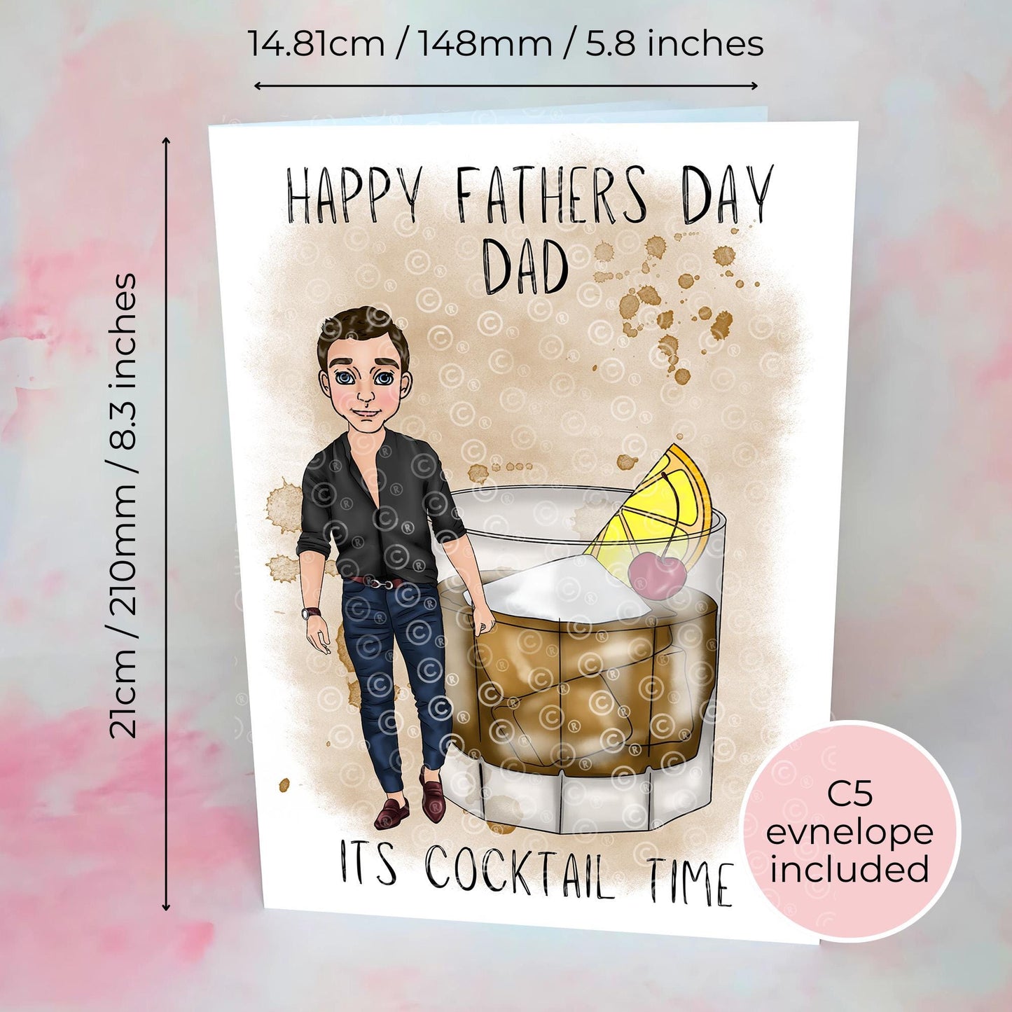 Old Fashioned Whiskey Fathers Day Card, Smart Casual Jeans and Shirt Character, Cocktail Glass Illustration, Card from Daughter #G2