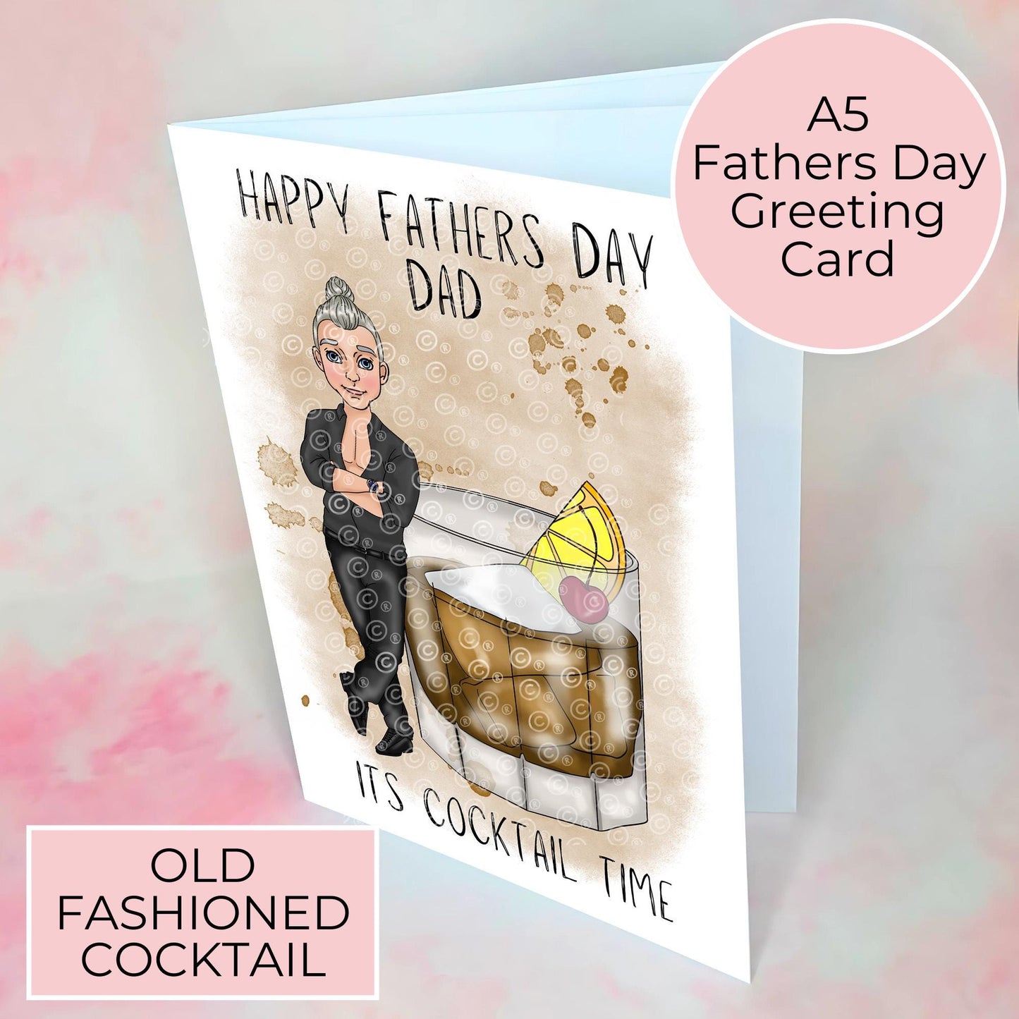 Old Fashioned Cocktail Father's Day Card from Daughter, Smart Shirt Character, Whiskey Glass Illustration, Gift for Dad #G2
