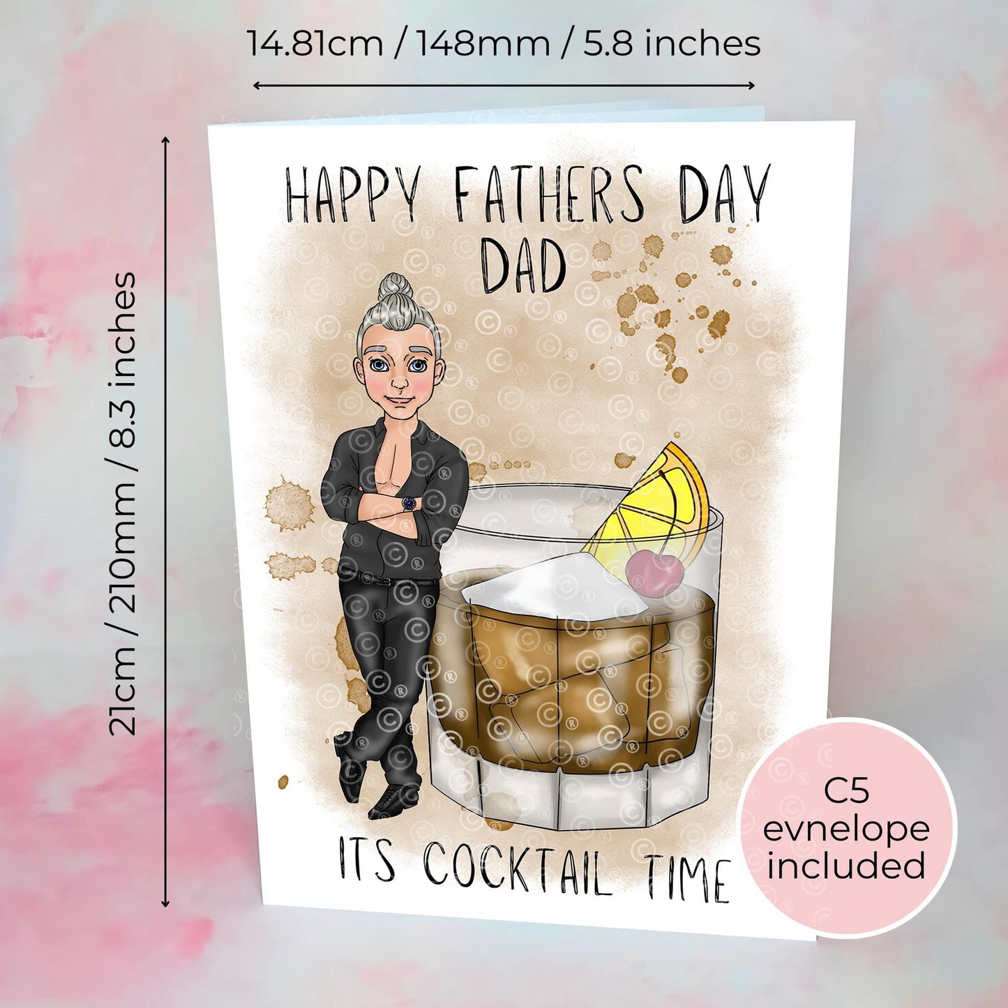 Old Fashioned Cocktail Father's Day Card from Daughter, Smart Shirt Character, Whiskey Glass Illustration, Gift for Dad #G2