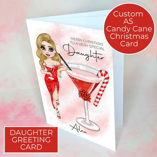 Personalised Daughter Candy Cane Cocktail Themed Christmas Card, A5 Greeting Card To A Special Daughter, Custom Character Christmas Card #CC