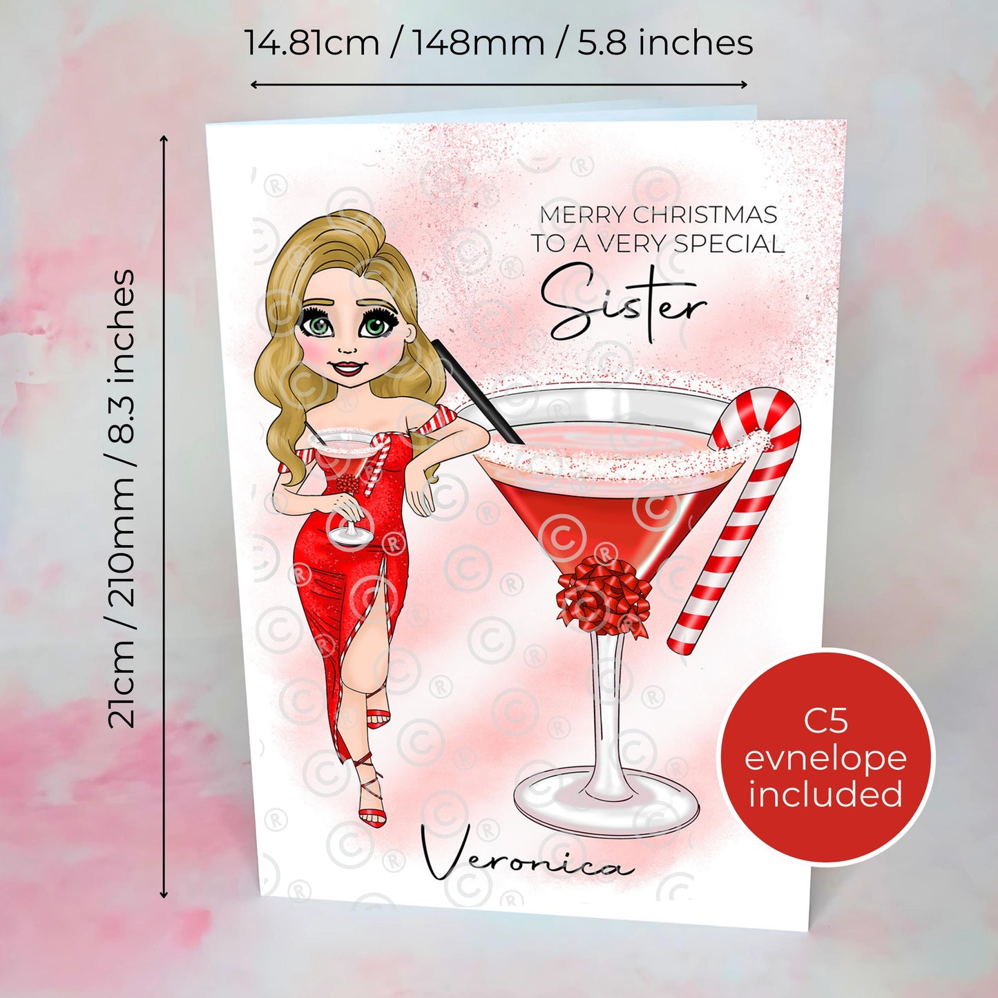 Personalised Special Sister Candy Cane Cocktail Christmas Card, A5 Cocktail Xmas Card from Brother or Sister, Festive Holiday Card #CC