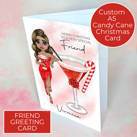 Personalised Special Friend Candy Cane Cocktail Themed Card, Custom Character A5 Blank Inside Christmas Greeting Card For Best Friend #CC