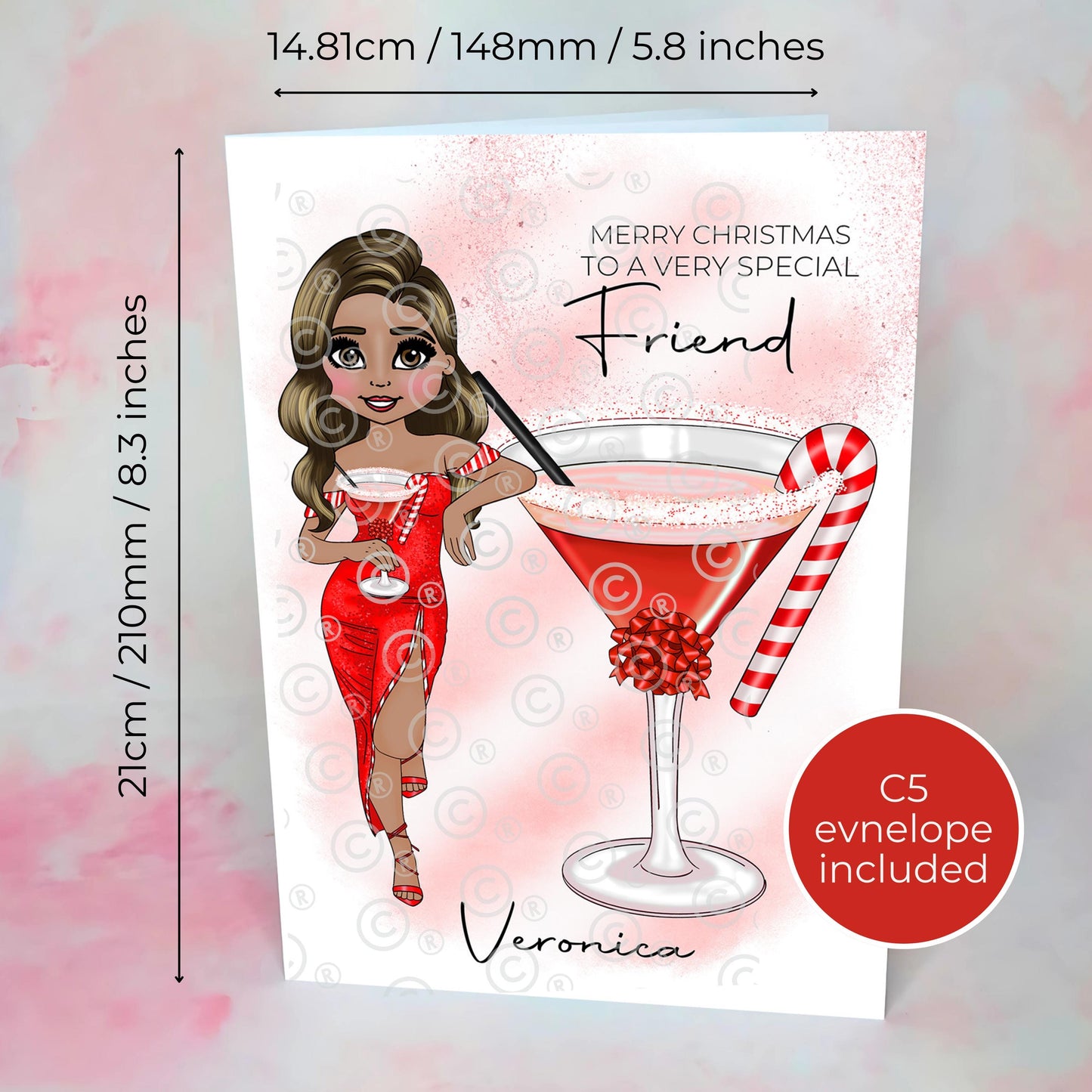 Personalised Special Friend Candy Cane Cocktail Themed Card, Custom Character A5 Blank Inside Christmas Greeting Card For Best Friend #CC