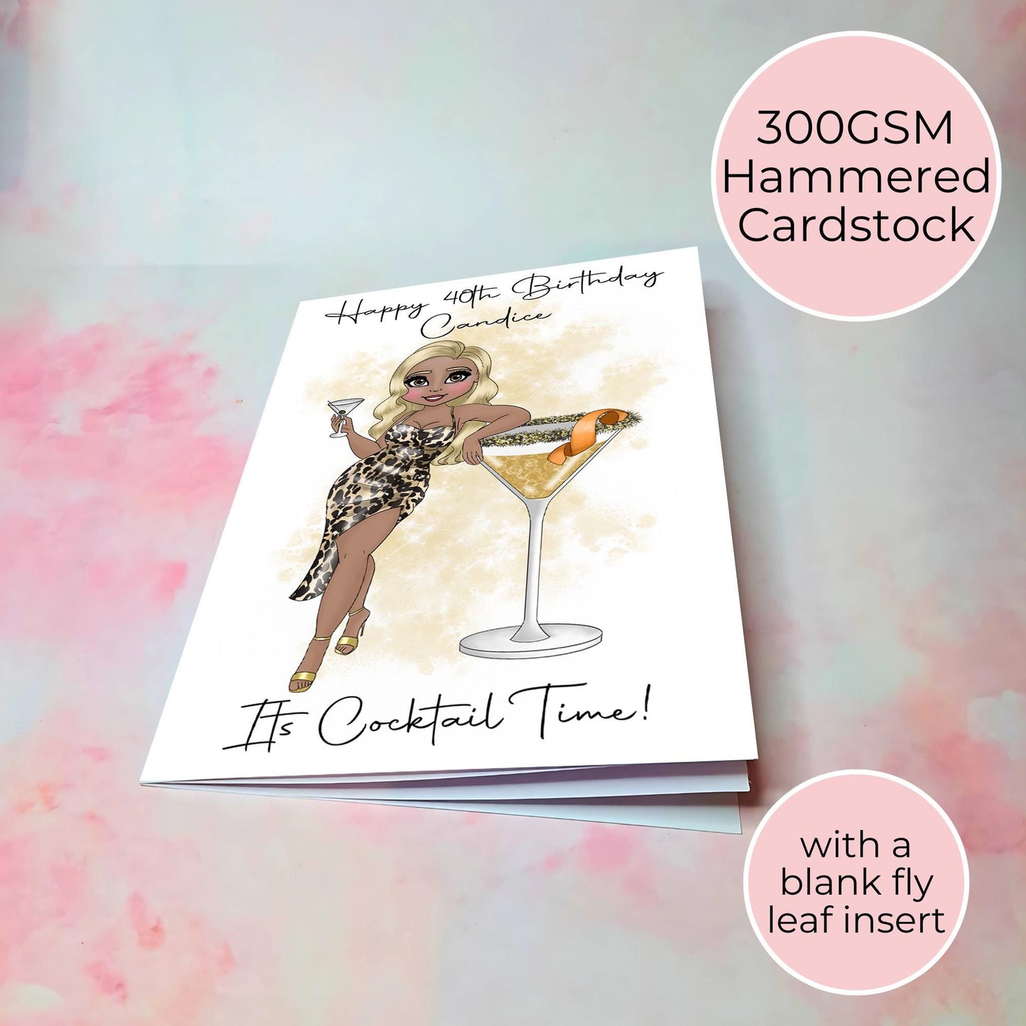 Plus sized Martini Cocktail Girl Birthday Card, Milestone Birthday Card For Her, Leopard Print Cocktail Girl Greeting Card #G1