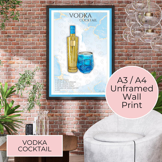 The Vodka Girl Cocktail Watercolour A3 A4 Wall Art Poster, Unframed AU Vodka Inspired Cocktail Recipe Illustration, Kitchen Home Bar Decor For Her #WA