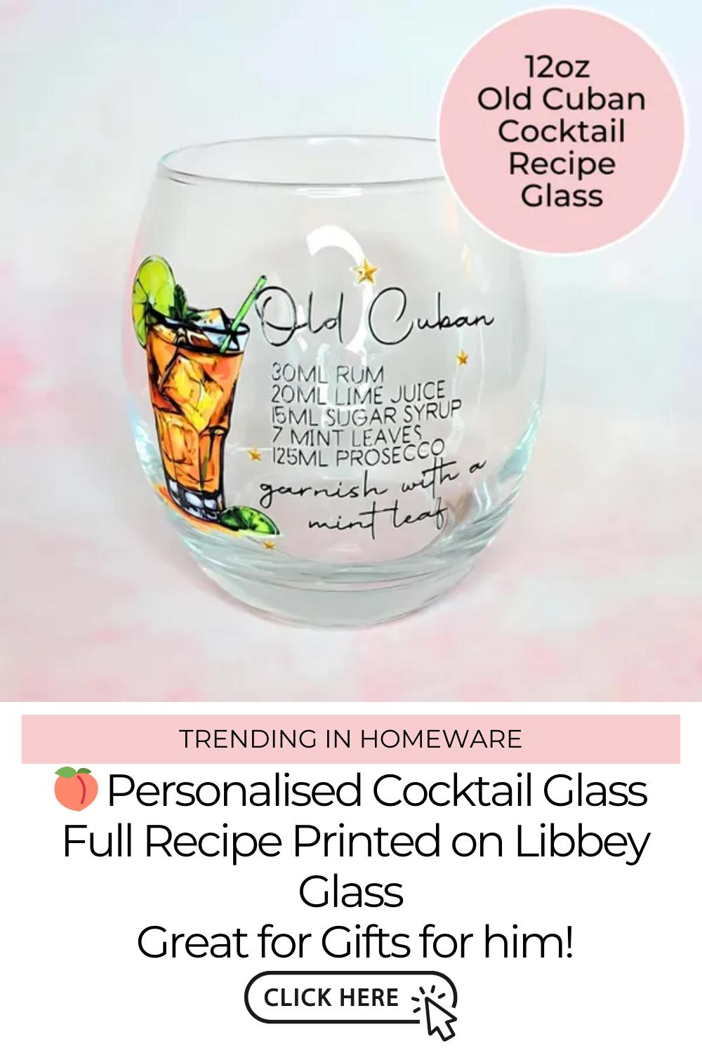 Old Cuban Whiskey Mixer Glass With Recipe, Classic Rum Cocktail Gift For Fathers Day, Best Man Proposal Gift, Husbands Barware Collection #CL